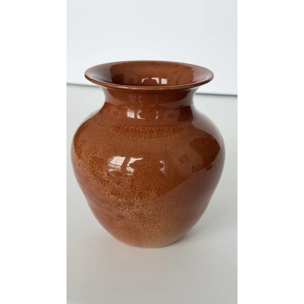 Handmade Earth Tone Glazed Pottery Vase 4 Inch Orange Brown Glossy Clay